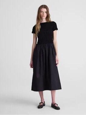 Madewell Smocked Boatneck Midi Dress jet black NZ399 Size M NWT